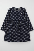 Girls' Long-Sleeved Dress with Polka Dot Pattern, Navy Blue (Ages 4-8)