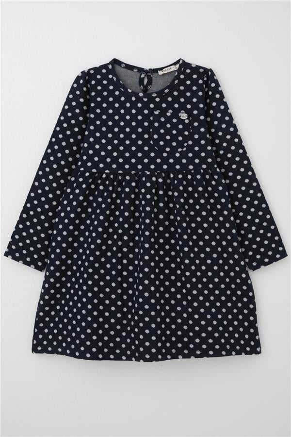 Girls' Long-Sleeved Dress with Polka Dot Pattern, Navy Blue (Ages 4-8)