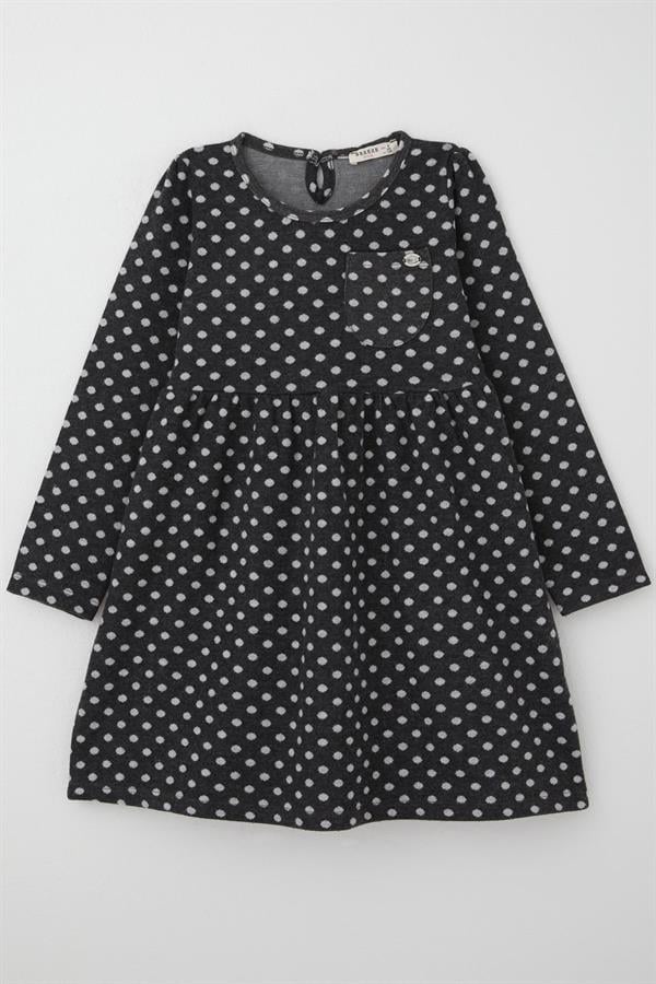 Girls' Long-Sleeved Dress with Polka Dot Pattern, Dark Gray (Ages 4-8)