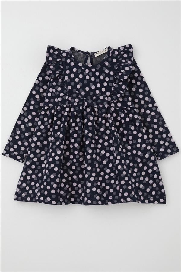 Girls' Long-Sleeved Dress with Polka Dot and Bow, Navy Blue (1.5-5 Years)