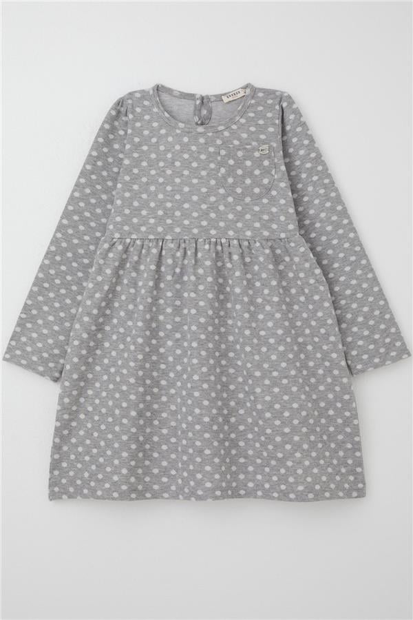Girls' Long-Sleeved Dress with Polka Dot Pattern, Light Grey Melange (Ages 4-8)