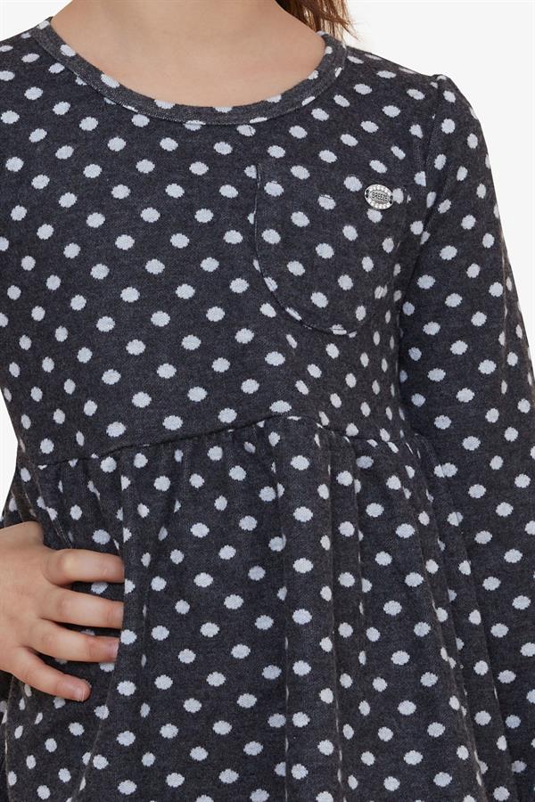 Girls' Long-Sleeved Dress with Polka Dot Pattern, Dark Gray (Ages 4-8)