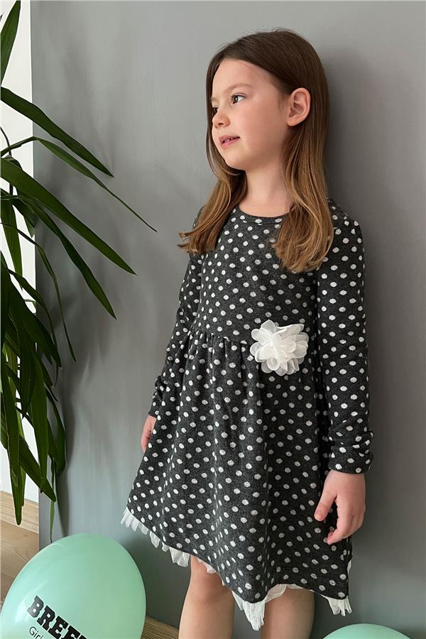 Girls' Long-Sleeved Dress with Polka Dots and White Flowers in Anthracite (Ages 3-7)
