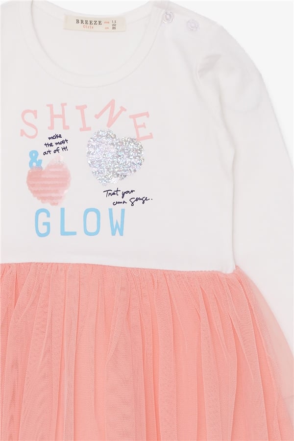 Baby Girl Long-Sleeved Dress with Sequins and Text Print, Ecru (1.5 Years)