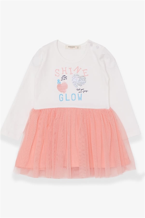 Baby Girl Long-Sleeved Dress with Sequins and Text Print, Ecru (1.5 Years)