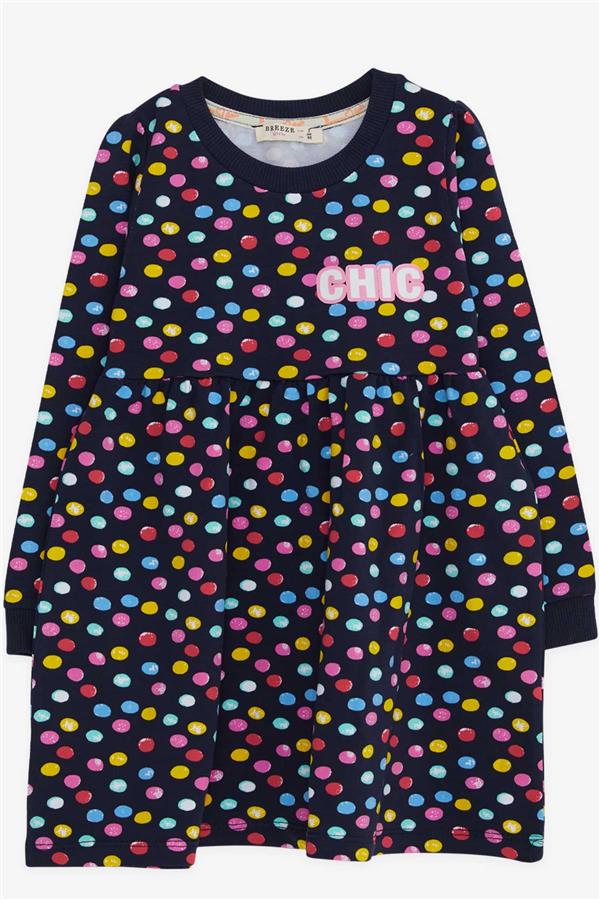 Baby Girl Long-Sleeved Dress with Colorful Polka Dot Pattern, Navy Blue (1.5-2 Years)