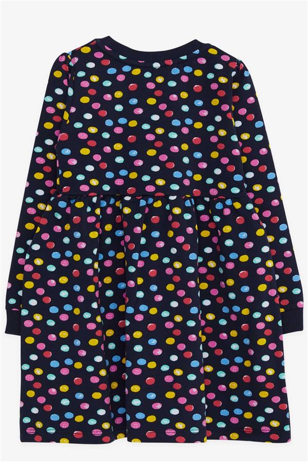 Baby Girl Long-Sleeved Dress with Colorful Polka Dot Pattern, Navy Blue (1.5-2 Years)