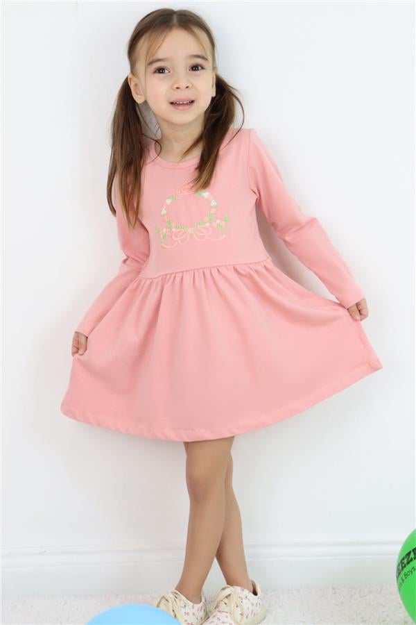 Girl's Long-Sleeved Dress with Colorful Flower Embroidery, Rose Pink (1.5-5 Years)