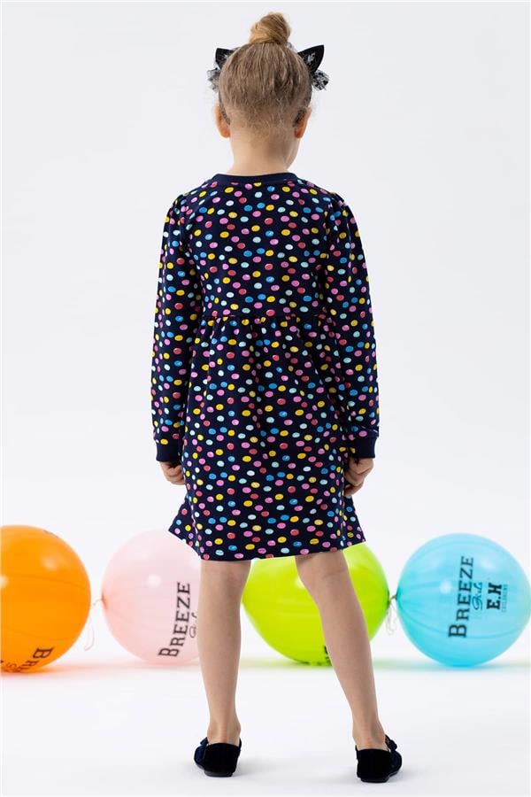 Baby Girl Long-Sleeved Dress with Colorful Polka Dot Pattern, Navy Blue (1.5-2 Years)