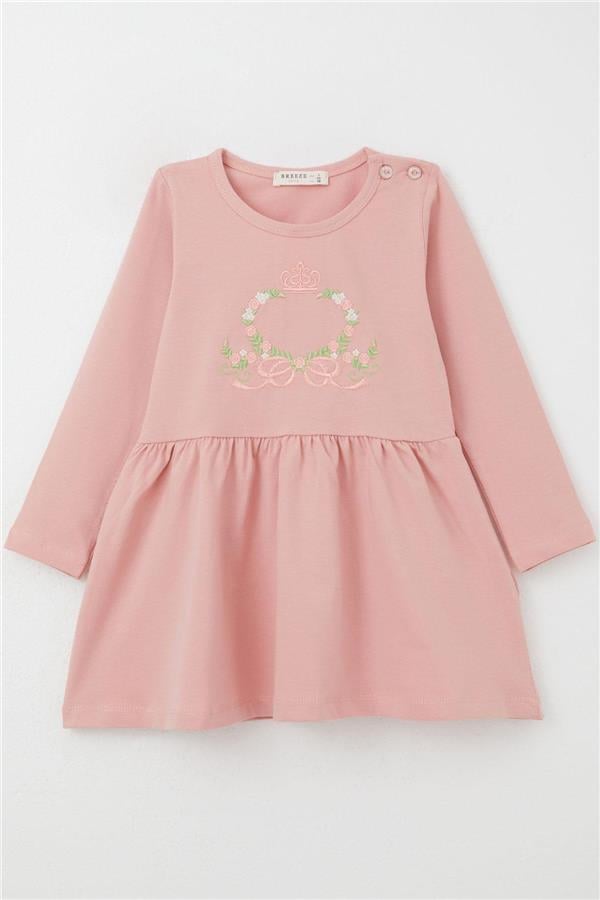 Girl's Long-Sleeved Dress with Colorful Flower Embroidery, Rose Pink (1.5-5 Years)