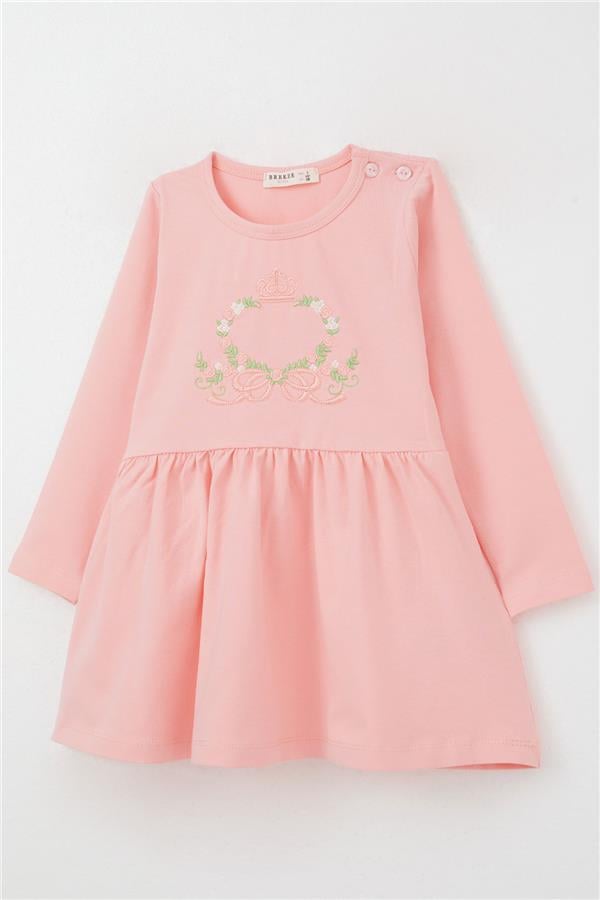 Girl's Long-Sleeved Dress with Colorful Flower Embroidery, Pink (1.5-3 Years)