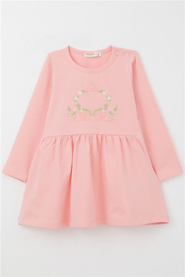 Girl's Long-Sleeved Dress with Colorful Flower Embroidery, Pink (1.5-3 Years)