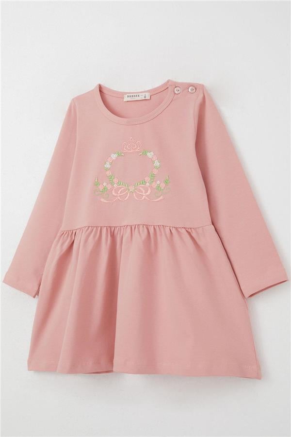 Girl's Long-Sleeved Dress with Colorful Flower Embroidery, Rose Pink (1.5-5 Years)