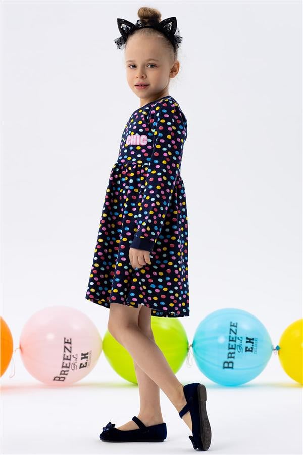 Baby Girl Long-Sleeved Dress with Colorful Polka Dot Pattern, Navy Blue (1.5-2 Years)