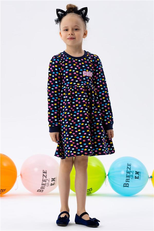Baby Girl Long-Sleeved Dress with Colorful Polka Dot Pattern, Navy Blue (1.5-2 Years)