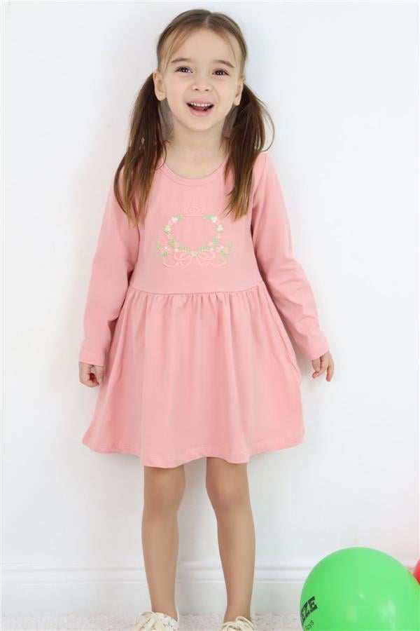 Girl's Long-Sleeved Dress with Colorful Flower Embroidery, Rose Pink (1.5-5 Years)