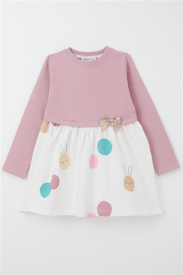 Girls' Long-Sleeved Dress with Cute Colorful Bunny Print, Rose Pink (1.5-4 Years)