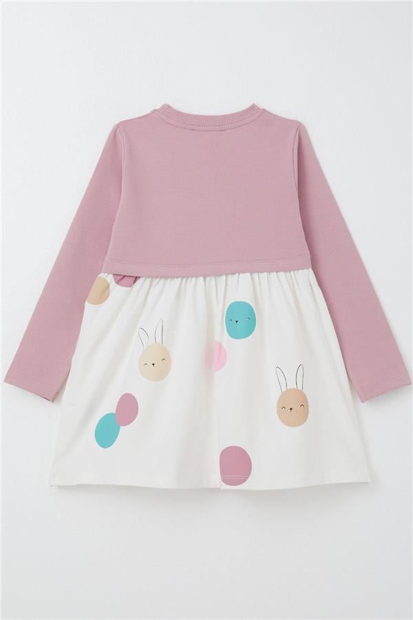 Girls' Long-Sleeved Dress with Cute Colorful Bunny Print, Rose Pink (1.5-4 Years)