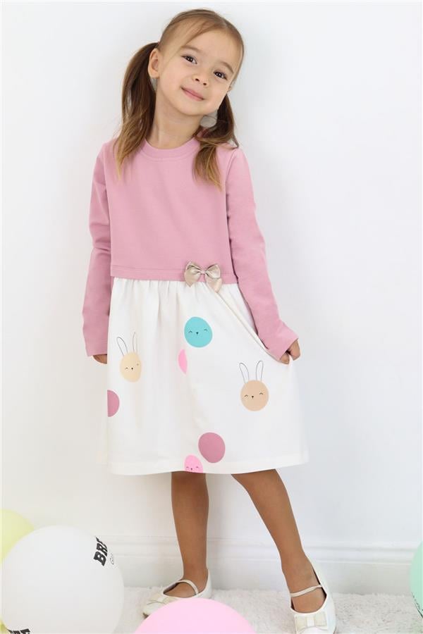 Girls' Long-Sleeved Dress with Cute Colorful Bunny Print, Rose Pink (1.5-4 Years)