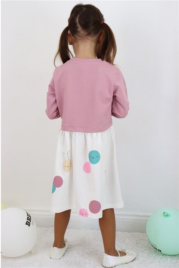 Girls' Long-Sleeved Dress with Cute Colorful Bunny Print, Rose Pink (1.5-4 Years)