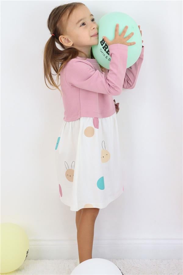 Girls' Long-Sleeved Dress with Cute Colorful Bunny Print, Rose Pink (1.5-4 Years)