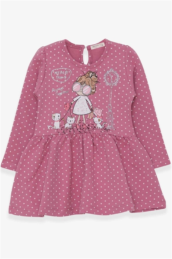 Baby Girl Long-Sleeved Dress with Glitter and Girl with Glasses Print, Rose Pink (1-1.5 Years)