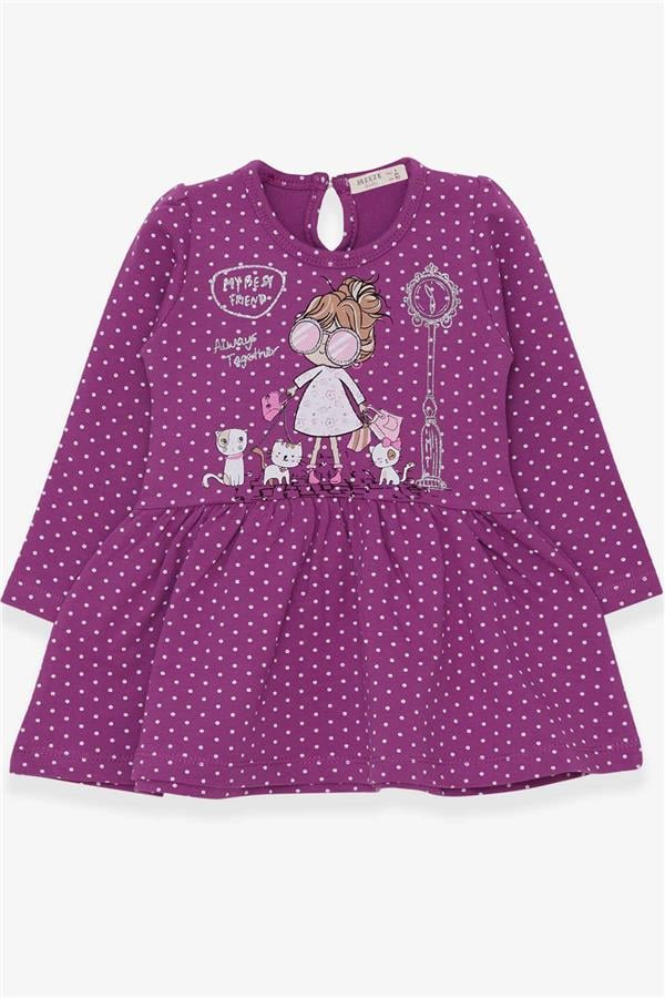 Baby Girl Long-Sleeved Dress with Glittery Girl with Glasses Print, Purple (1-2 Years)