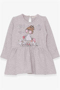 Girls' Long-Sleeved Dress with Glittery Girl with Glasses Print, Beige Melange (Ages 1-4)