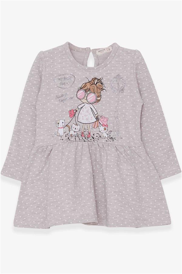 Girls' Long-Sleeved Dress with Glittery Girl with Glasses Print, Beige Melange (Ages 1-4)
