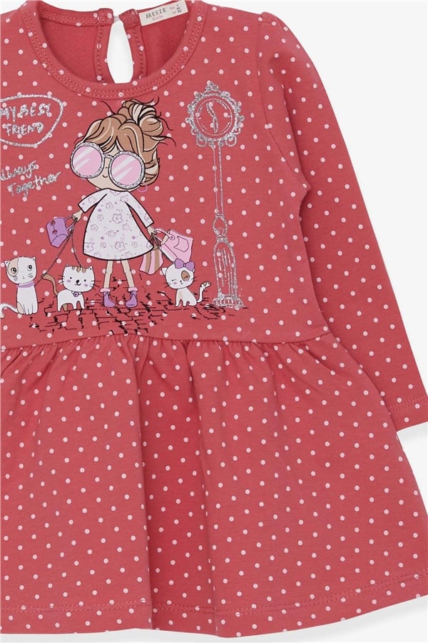 Girls' Long-Sleeved Dress with Glittery Girl with Glasses Print, Terracotta (1-3 Years)