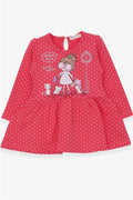 Baby Girl Long-Sleeved Dress with Glittery Girl with Glasses Print, Pomegranate Blossom (1-3 Years)