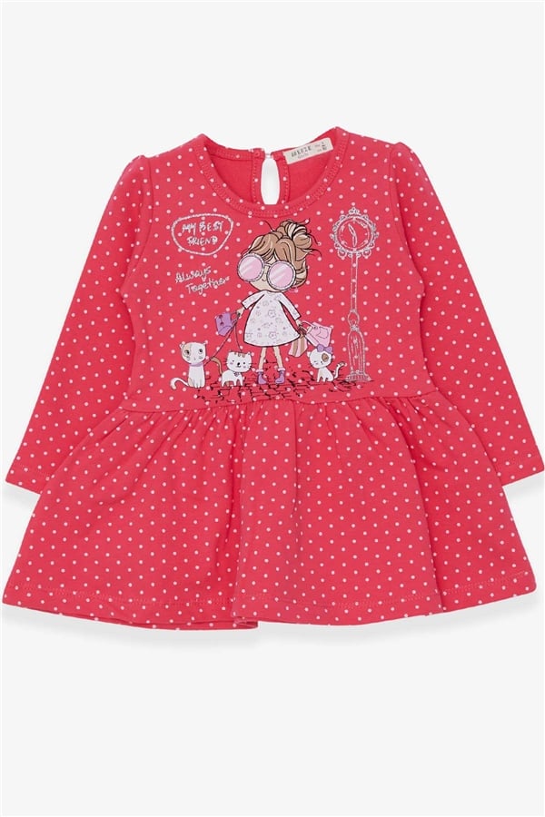 Baby Girl Long-Sleeved Dress with Glittery Girl with Glasses Print, Pomegranate Blossom (1-3 Years)