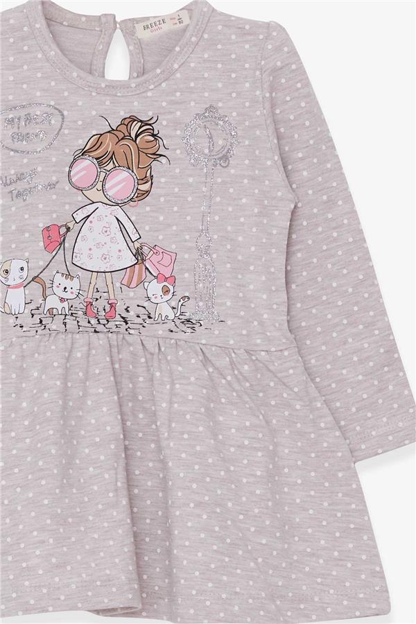 Girls' Long-Sleeved Dress with Glittery Girl with Glasses Print, Beige Melange (Ages 1-4)