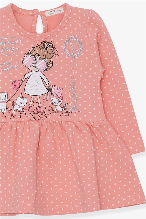 Girls' Long-Sleeved Dress with Glittery Girl with Glasses Print, Salmon (Ages 1-4)