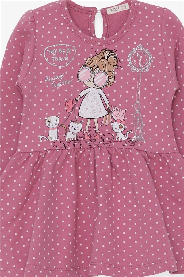 Baby Girl Long-Sleeved Dress with Glitter and Girl with Glasses Print, Rose Pink (1-1.5 Years)