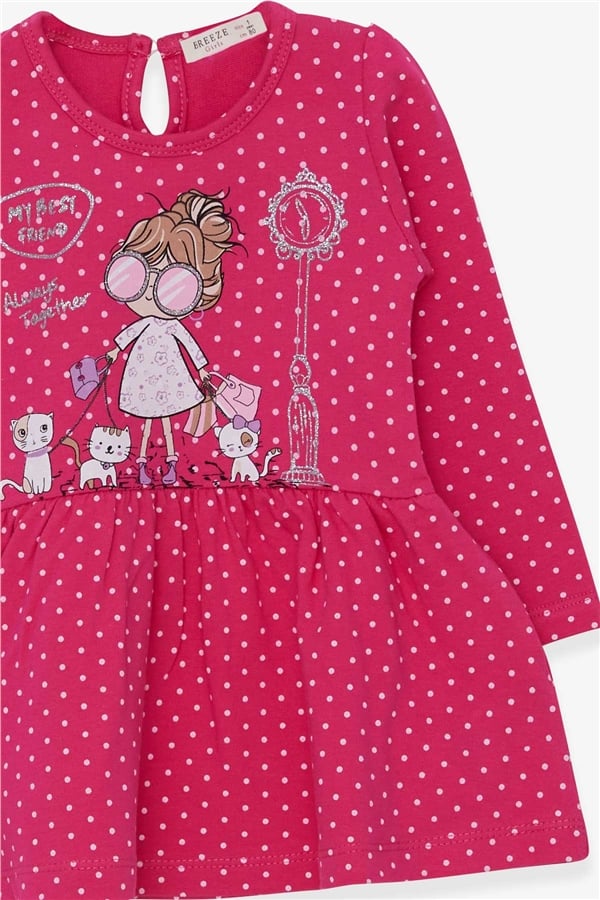 Girl's Long-Sleeved Dress with Glittery Girl with Glasses Print, Pink (1-1.5 Years)