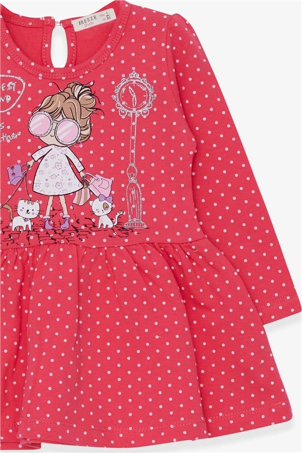 Baby Girl Long-Sleeved Dress with Glittery Girl with Glasses Print, Pomegranate Blossom (1-3 Years)