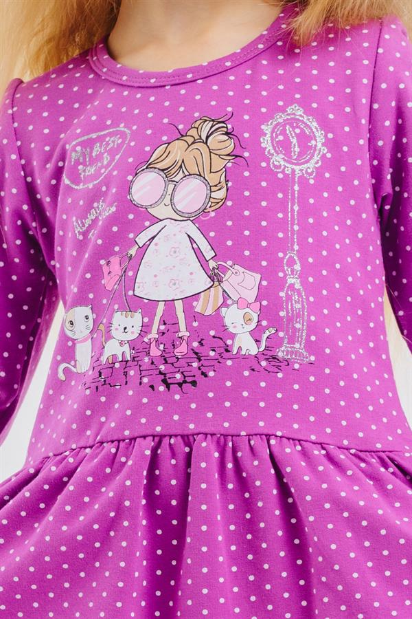 Baby Girl Long-Sleeved Dress with Glittery Girl with Glasses Print, Purple (1-2 Years)