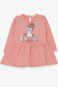 Girls' Long-Sleeved Dress with Glittery Girl with Glasses Print, Salmon (Ages 1-4)