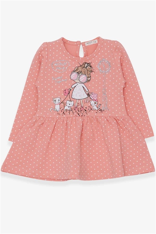 Girls' Long-Sleeved Dress with Glittery Girl with Glasses Print, Salmon (Ages 1-4)