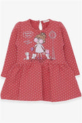 Girls' Long-Sleeved Dress with Glittery Girl with Glasses Print, Terracotta (1-3 Years)