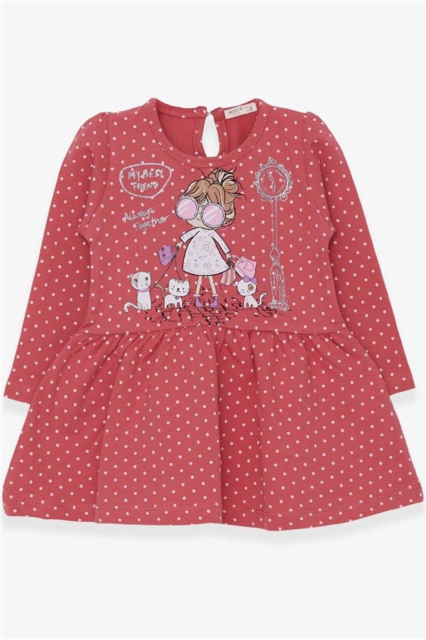 Girls' Long-Sleeved Dress with Glittery Girl with Glasses Print, Terracotta (1-3 Years)