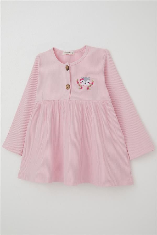 Baby Girl Long-Sleeved Dress with Fox Embroidery, Powder Pink (1.5-2 Years)