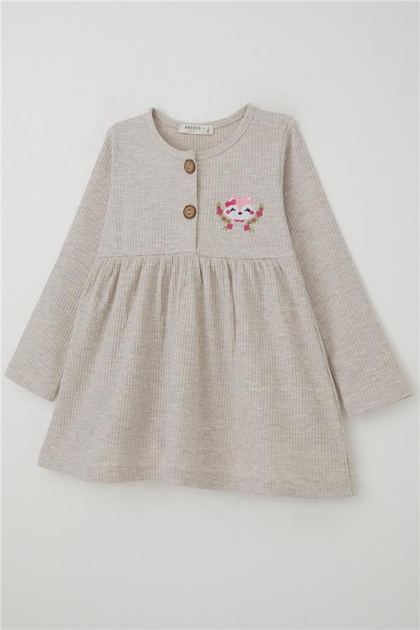 Girl's Long-Sleeved Dress with Fox Embroidery, Beige Melange (1.5-5 Years)
