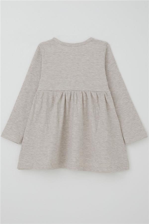 Girl's Long-Sleeved Dress with Fox Embroidery, Beige Melange (1.5-5 Years)