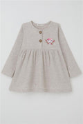 Girl's Long-Sleeved Dress with Fox Embroidery, Beige Melange (1.5-5 Years)