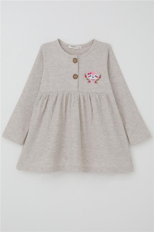 Girl's Long-Sleeved Dress with Fox Embroidery, Beige Melange (1.5-5 Years)