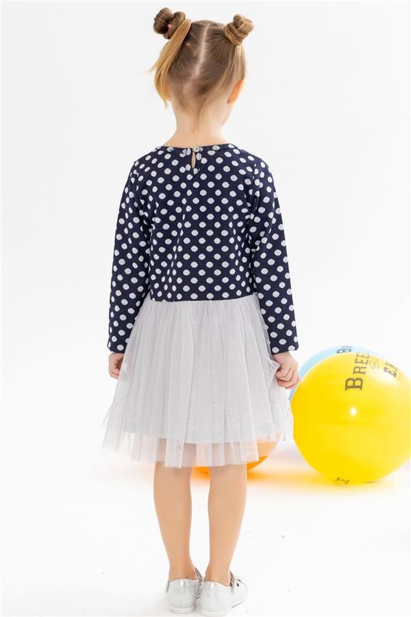 Girl's Long-Sleeved Dress with Tulle Bow, Navy Blue (1.5-3 Years)