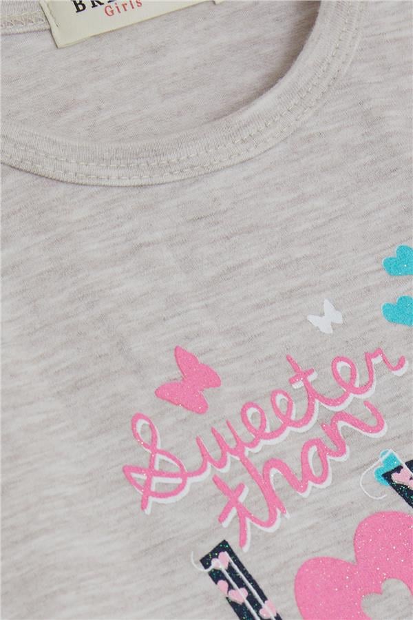 Girl's Long-Sleeved Dress with Tulle and Printed Text, Beige Melange (1.5-3 Years)