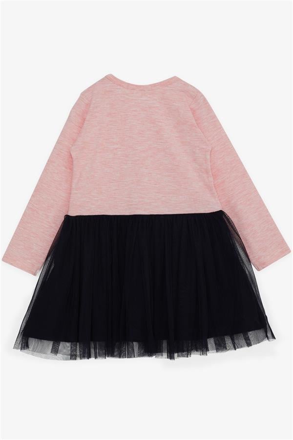 Baby Girl Long-Sleeved Dress with Tulle and Printed Text, Salmon Melange (1.5-2 Years)